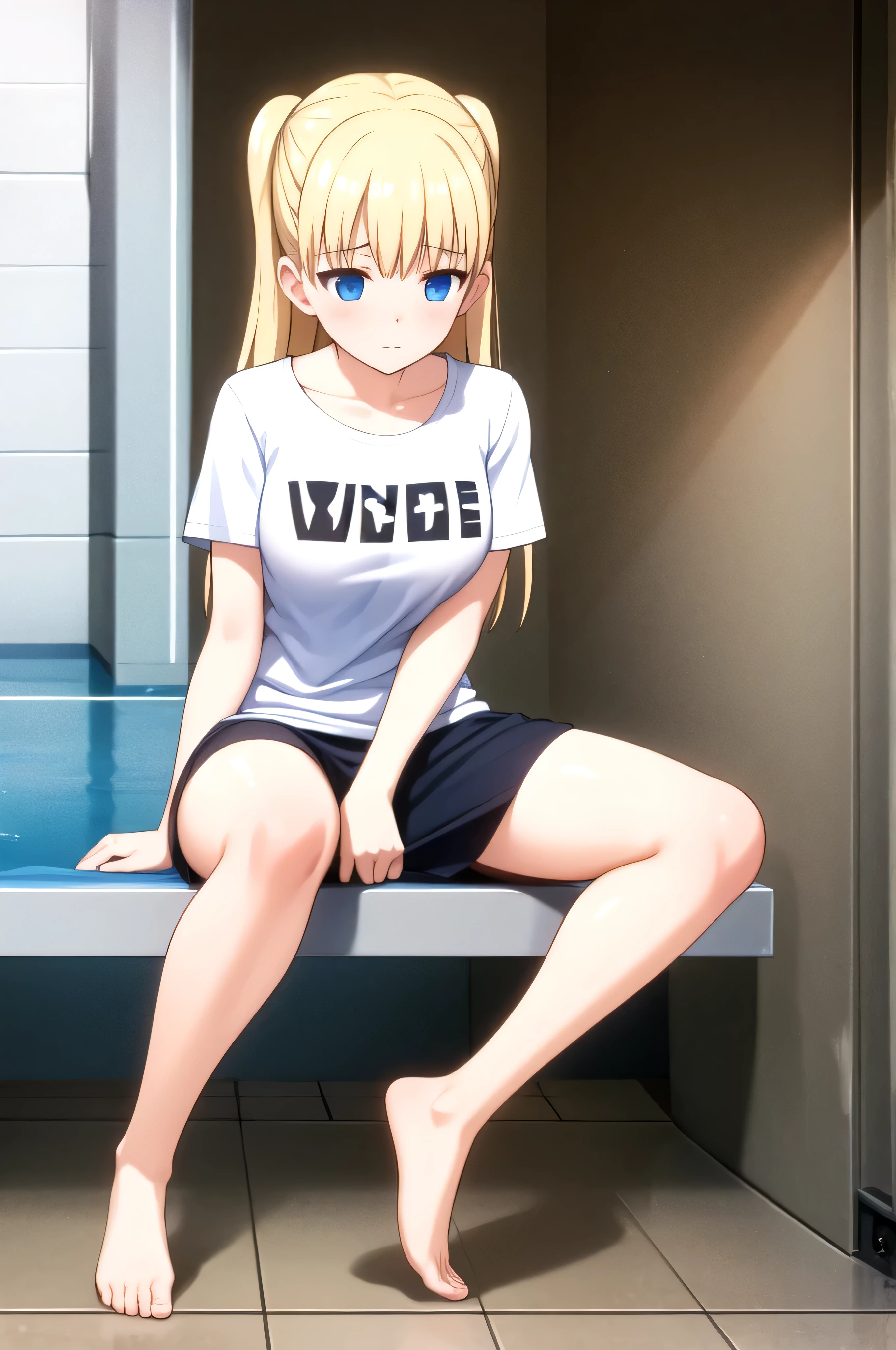 Create a young woman with long realistic blonde hair, blue eyes and big tits. She is wearing a white t-shirt, Long cut and short sleeves, without bra, and also wears a plain black cotton miniskirt. She comes out of a pool., soaked. The shirt clings to your body and is a little transparent.. full body,