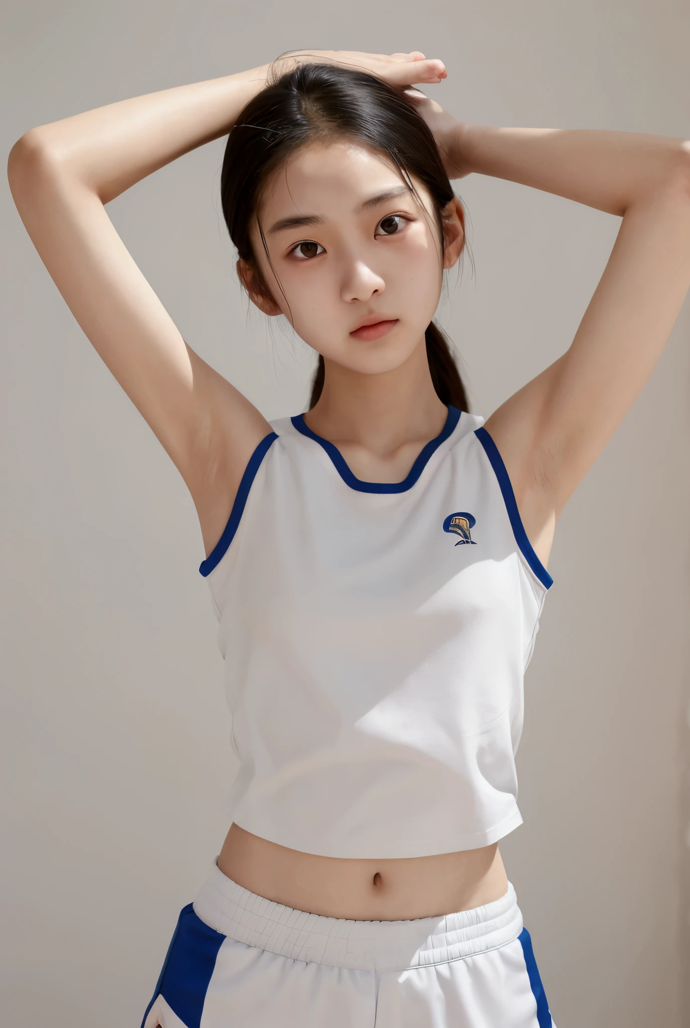 A female junior high school student, ethnic Chinese, very thin and athletic body, wajahnya fatigue, wearing a white shirt that is too small and sleeveless, wearing sports shorts, raising both hands to show his healthy armpits, have thin, defined underarm hair, fatigue, her face is natural, her face without makeup, sweating a lot