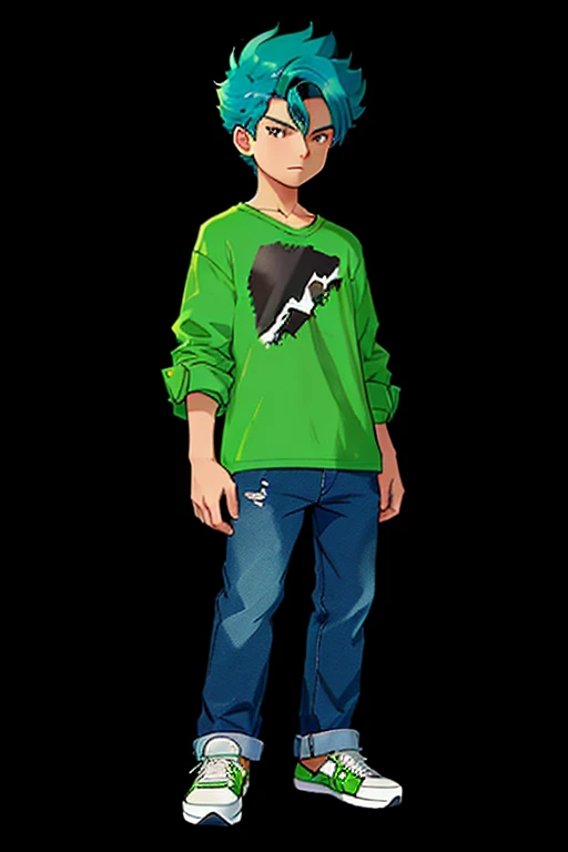 drawing of a boy with a green shirt and blue jeans, full body portrait of a short!, single character full body, !!full body portrait!!, official fanart, character full body portrait, full body character portrait, full body illustration, fullbody portrait, full body character, anime style character, charicature, casual pose, cute character, chibi art, high quality fanart male amirhossein ajorloo pokemon v style 