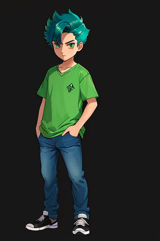 drawing of a boy with a green shirt and blue jeans, full body portrait of a short!, single character full body, !!full body portrait!!, official fanart, character full body portrait, full body character portrait, full body illustration, fullbody portrait, full body character, anime style character, charicature, casual pose, cute character, chibi art, high quality fanart male amirhossein ajorloo pokemon v style 