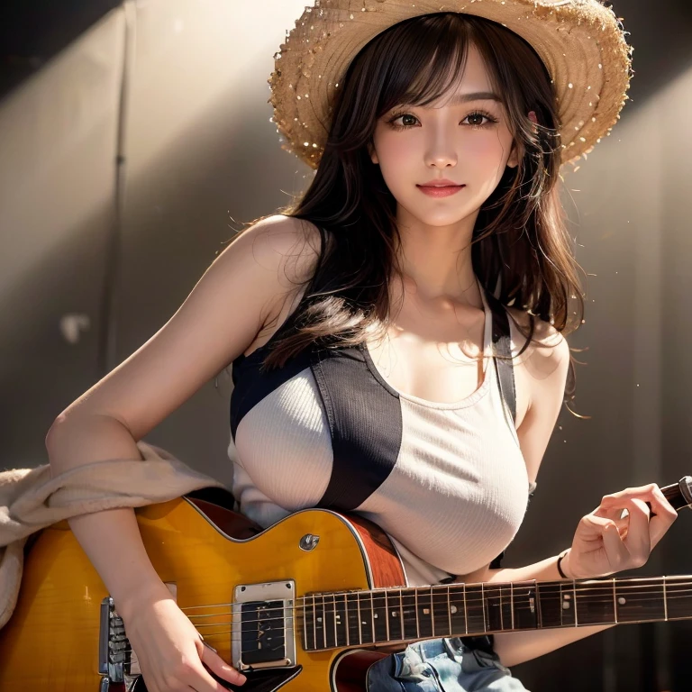 Self-composed anthropomorphism, ((Beautiful Girl)), “Cherry Blossom Falling Season”, “Drunkin’ saku”, playing guitar, shouting, high resolution, high quality,bikini,expose breast,incredibly absurdres, ultra detailed, high resolution, realistic lighting, photorealism, hyperrealism,masterpiece,vibrant colors,stunning visuals,ultra skin texsture,stable diffusion,perfect anatomy,crazy details