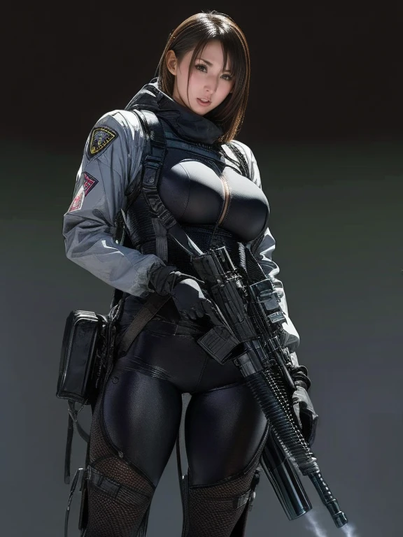 Please redeem、Amazing details、Ultra-high resolution、（realism：1.4）、（（close：0.75））、One woman is very condensed、Beautiful and delicate face、Perfect proportions、Narrow your target audience、Large Breasts）、Brown Hair、（Purple Tech Suit）、（Cyborg Vs.. Police uniform、、、Black and grey mech、Military Harness、RPG-7、Hitch Tech Flamethrower Tank Transport）、The background is a simple gray wall、