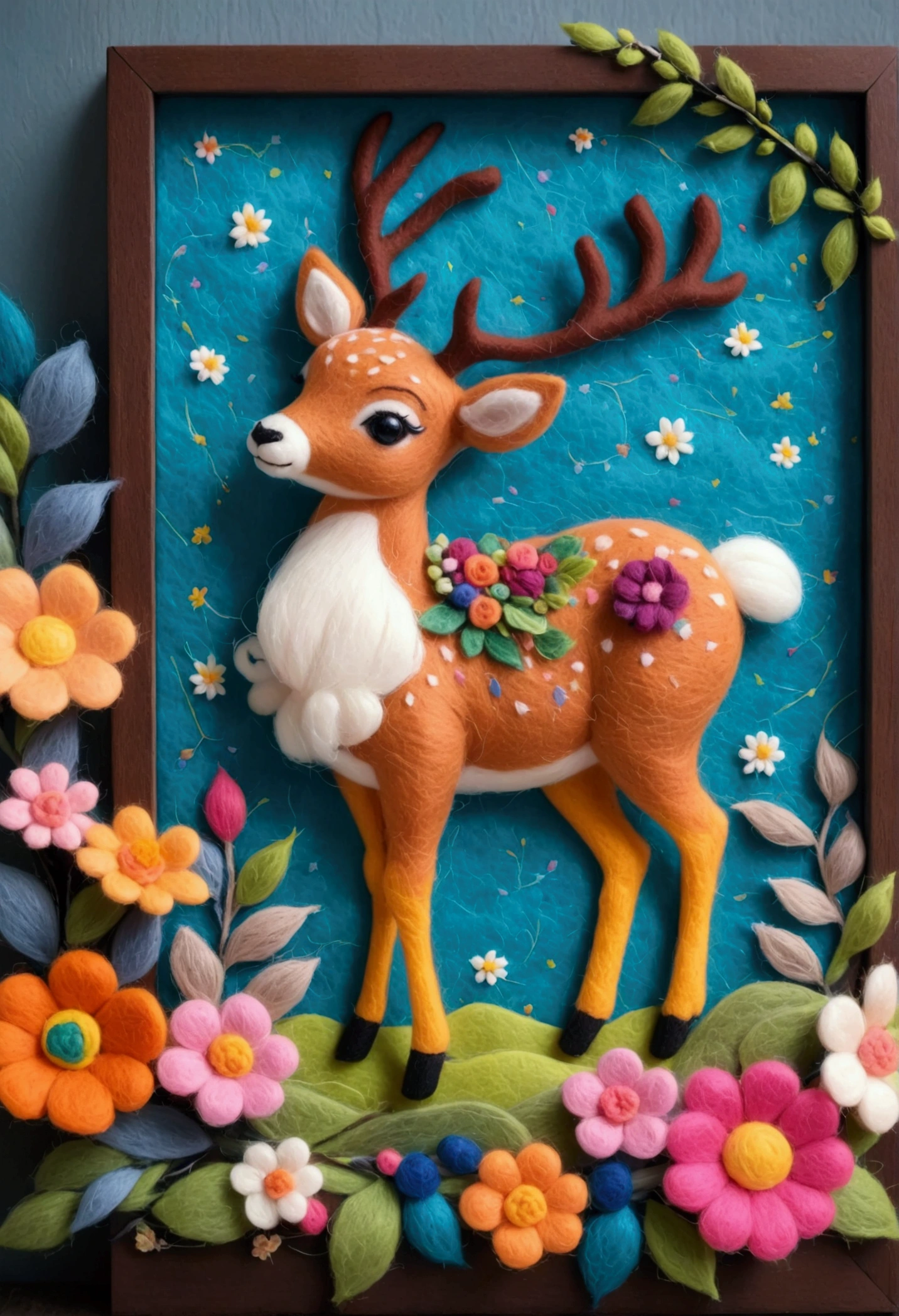 A beautifully framed felt painting is placed on the table：Close-up of a deer wearing a wreath of flowers and decorations, Beautiful wooden photo frame， Added details, needle felt art, Detailed plush toy, illustration!, Anthropomorphic deer, Wool Felt Art, Traditional Art,