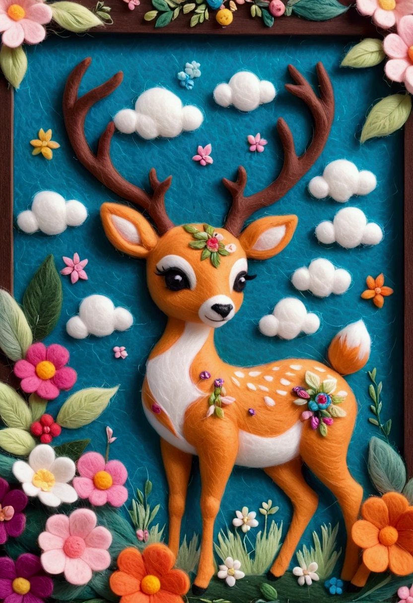 A beautifully framed felt painting is placed on the table：Close-up of a deer wearing a wreath of flowers and decorations, Beautiful wooden photo frame， Added details, needle felt art, Detailed plush toy, illustration!, Anthropomorphic deer, Wool Felt Art, Traditional Art,