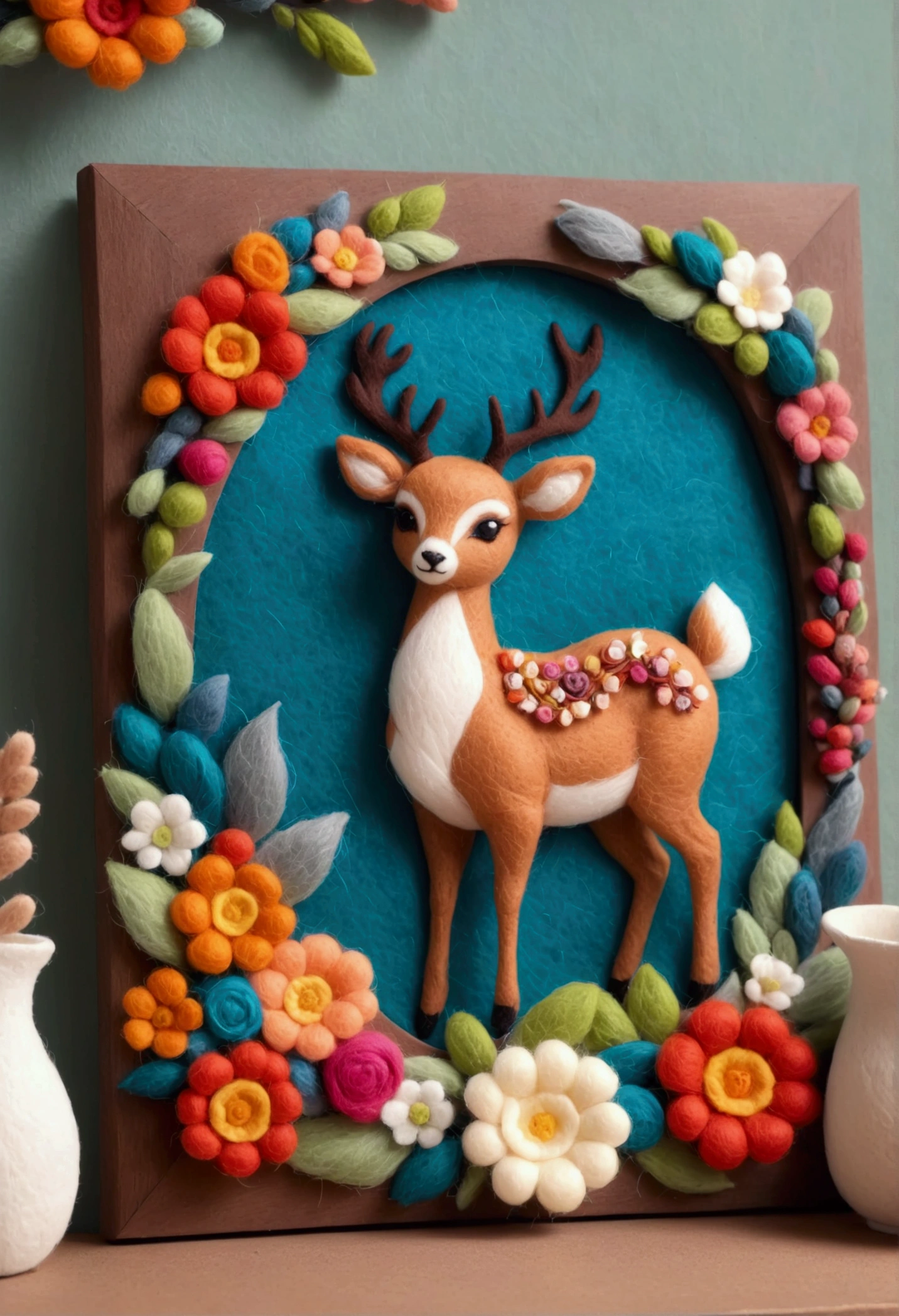 A beautifully framed felt painting is placed on the table：Close-up of a deer wearing a wreath of flowers and decorations, Beautiful wooden photo frame， Added details, needle felt art, Detailed plush toy, illustration!, Anthropomorphic deer, Wool Felt Art, Traditional Art,