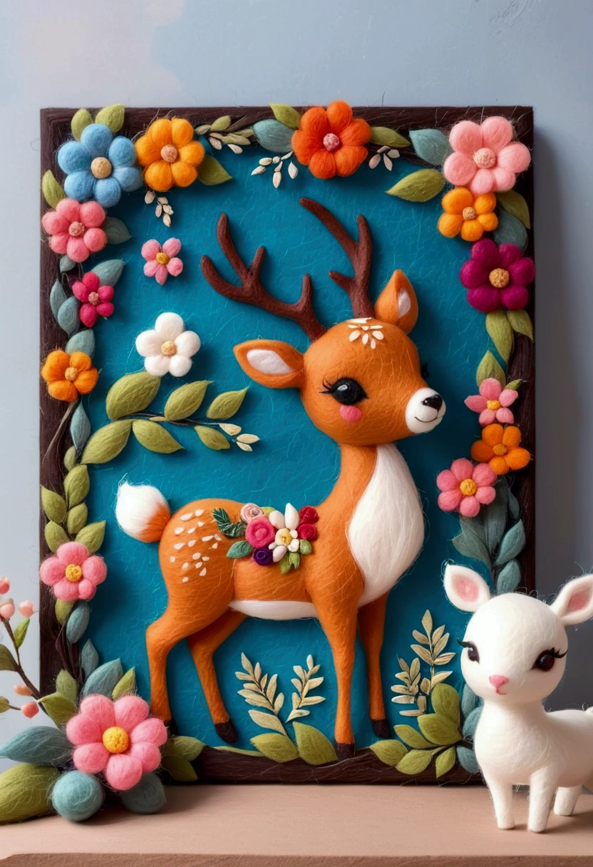 A beautifully framed felt painting is placed on the table：Close-up of a deer wearing a wreath of flowers and decorations, Beautiful wooden photo frame， Added details, needle felt art, Detailed plush toy, illustration!, Anthropomorphic deer, Wool Felt Art, Traditional Art,