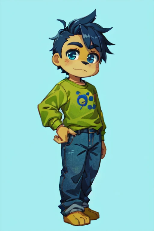 drawing of a boy with a green shirt and blue jeans, full body portrait of a short!, single character full body, !!full body portrait!!, official fanart, character full body portrait, full body character portrait, full body illustration, fullbody portrait, full body character, anime style character, charicature, casual pose, cute character, chibi art, high quality fanart male amirhossein ajorloo fnaf multi character style 