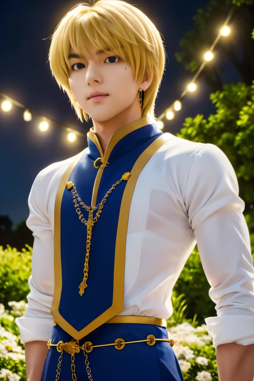 1boy, masterpiece, realistic, absurdres, best quality, high resolution, Kurapika, japanese boy, very handsome, perfect face, cute face, intricate detail, clear and beautiful detailed eyes, messy blonde short hair, shiny hair, bangs, blue tabard, white shirt, white pants, gold trim, holdig a chain, chains flying, slim muscular, handsome muscle, detailed skin, perfect hand, good anatomy, looking at camera, action scene, dynamic pose, playful expression, fantasy, night, tree, Moonlight at night, wilderness, flowers, skynight, studio lighting, soft light, upper body portrait, front view, Professional photography, 8K UHD,