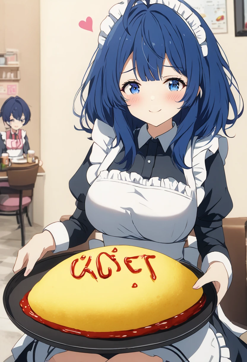 Score_9, Score_8_up, Score_7_up, source_anime, annayanami, annayanami, medium hair, blue eyes, ahoge, blue hair, large breasts, maid dress, maid apron, omelet rice, omelet on tray, hold tray in hands, show omelet rice, ketchup on omelet rice, heart shaped kerchup, over-highknees, embarrassed smile, look at viewer, pov, sitting, pink cafe, alone, 