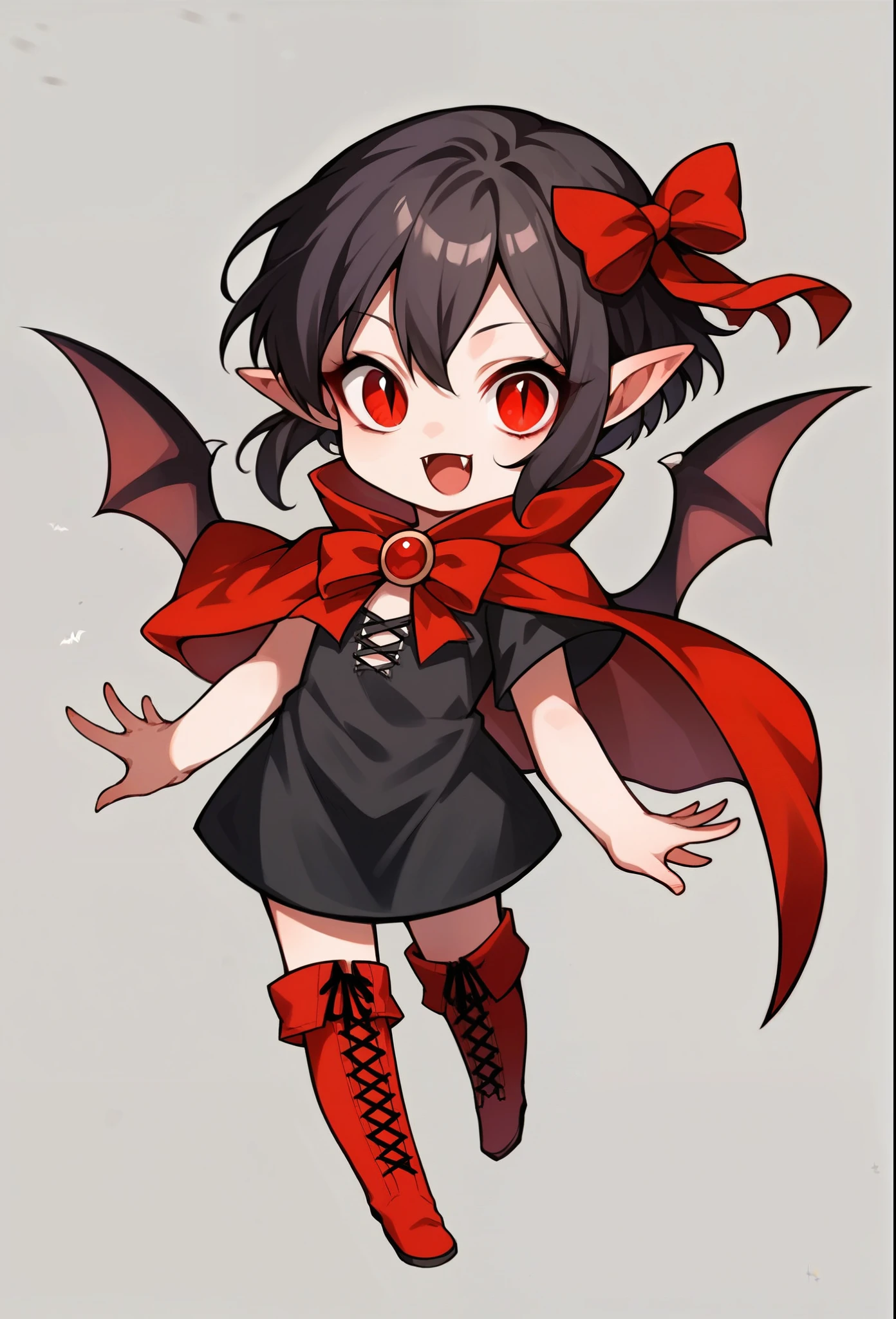 score_9, score_8_up, score_7_up, score_6_up, score_5_up, score_4_up, (SFW, rating_safe), source_anime, chibi style, cute, 1girl, vampire girl, smiling, red eyes, beautiful eyes, dark hair, short hair, (red ribbons), pointy ears, short black dress, red cloak, high boots, bat wings on hips, flying, simple background