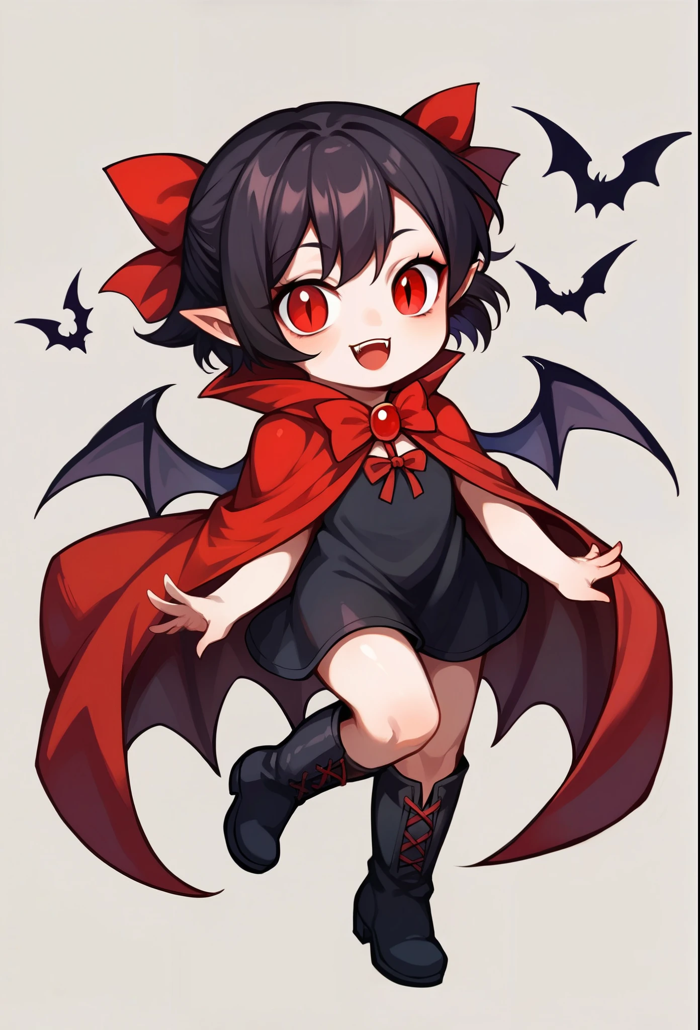 score_9, score_8_up, score_7_up, score_6_up, score_5_up, score_4_up, (SFW, rating_safe), source_anime, chibi style, cute, 1girl, vampire girl, smiling, red eyes, beautiful eyes, dark hair, short hair, (red ribbons), pointy ears, short black dress, red cloak, high boots, bat wings on hips, flying, simple background