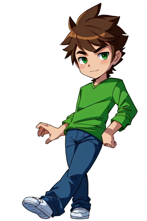 drawing of a boy with a green shirt and blue jeans, full body portrait of a short!, single character full body, !!full body portrait!!, official fanart, character full body portrait, full body character portrait, full body illustration, fullbody portrait, full body character, anime style character, charicature, casual pose, cute character, chibi art, high quality fanart male amirhossein ajorloo ben 10 alien force style 