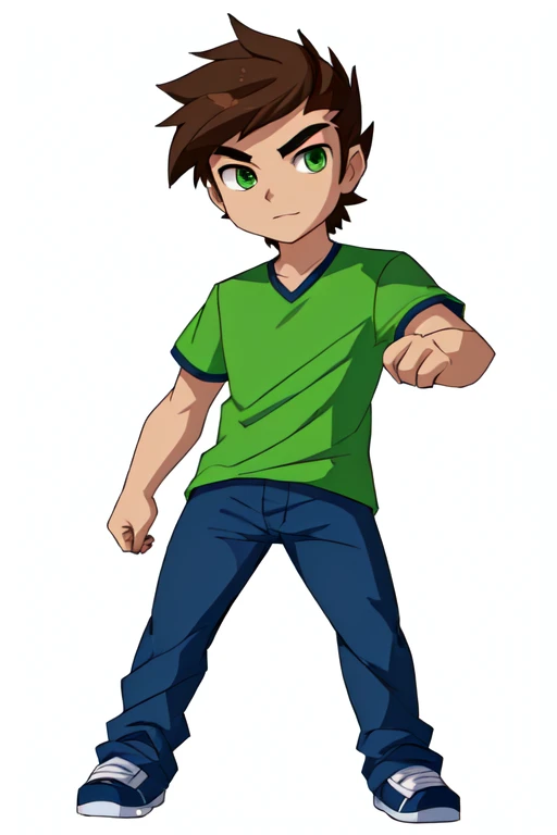 drawing of a boy with a green shirt and blue jeans, full body portrait of a short!, single character full body, !!full body portrait!!, official fanart, character full body portrait, full body character portrait, full body illustration, fullbody portrait, full body character, anime style character, charicature, casual pose, cute character, chibi art, high quality fanart male amirhossein ajorloo ben 10 alien force style 