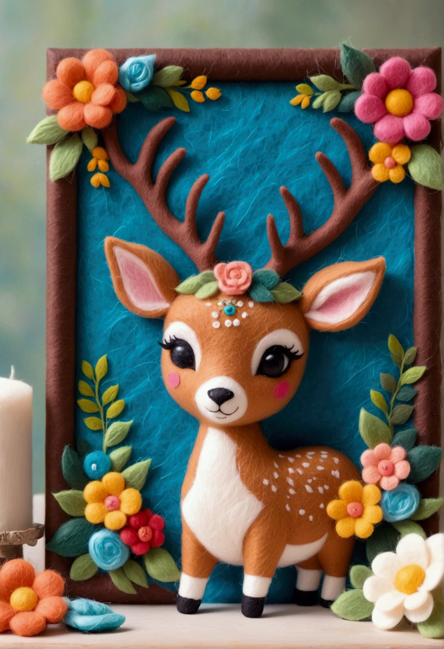 A beautifully framed felt painting is placed on the table：Close-up of a deer wearing a wreath of flowers and decorations, Beautiful wooden photo frame， Added details, needle felt art, Detailed plush toy, illustration!, Anthropomorphic deer, Wool Felt Art, Traditional Art,