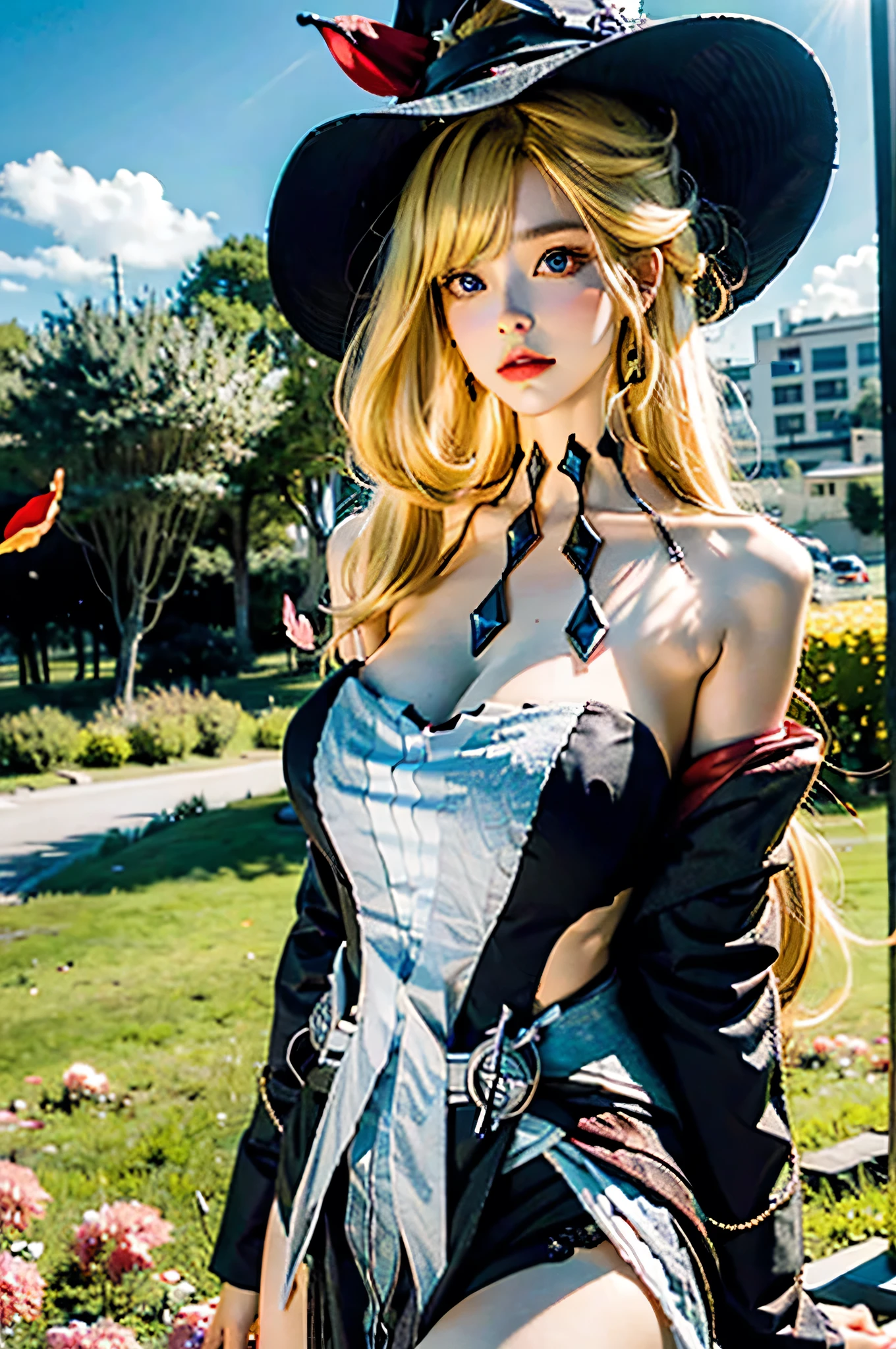 (Female wizard), beatiful girl, blonde, thin girl, thin waist, small breast, slender legs, gap between thighs, (witch hat), stockings, elbow gloves, short dress, (blue dress), (skirt lifted by herself), (no panties), cowboy shot ,medieval fantasy, D&D, RPG, best quality, masterpiece, ultra-realistic, 8k, nsfw,