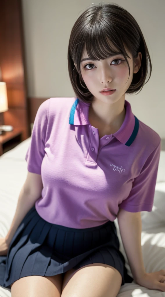 muste piece, best quality, illustration, Super detailed, fine details, High resolution, 8K,wall paper, perfect dynamic composition,(Details High quality, realistic depiction of eyes:1.3), (pink Polo shirt with collar), pleated skirt, large breasts,short bob hair, black hair color, Big Natural Color Lip, bold sexy pose, crying a little、cold gaze, Harajuku style、20 year old girl、cute type、ta、beautiful legs, hotel room, hposing Gravure Idol, woman on top, straddling, sitting)