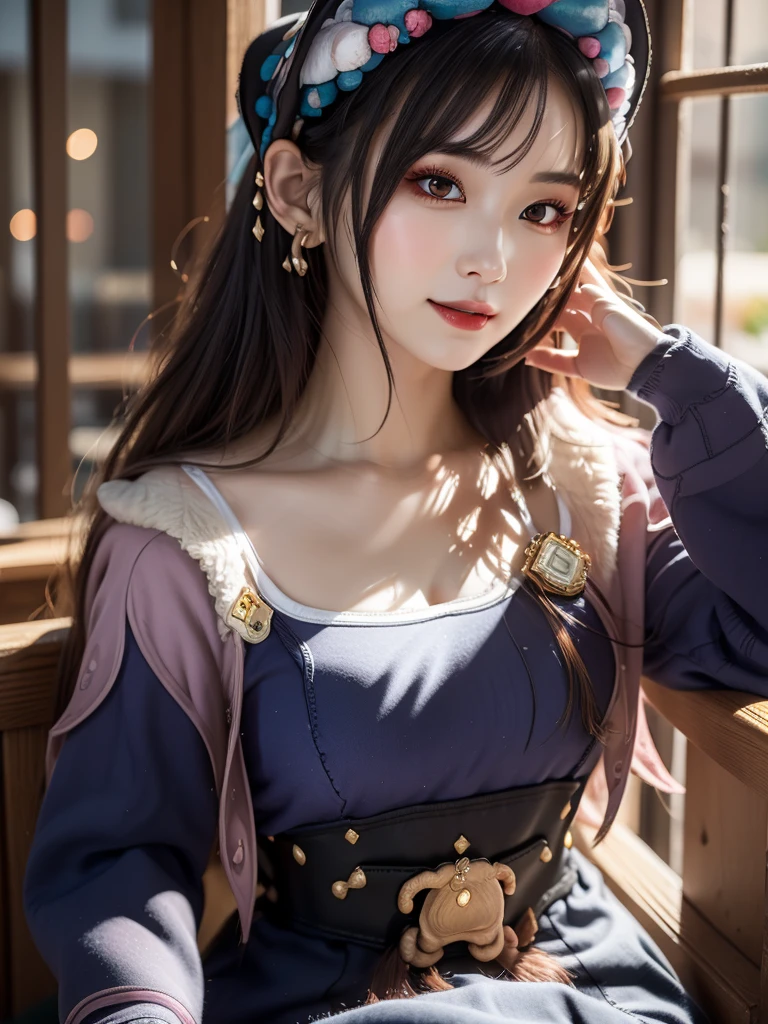 (Yunjindef), (narrow waist), blushing, official art, detail face, cg,looking at viewer, (sitting),indoor, (expansive landscape photography:1.2),(night), huge breast