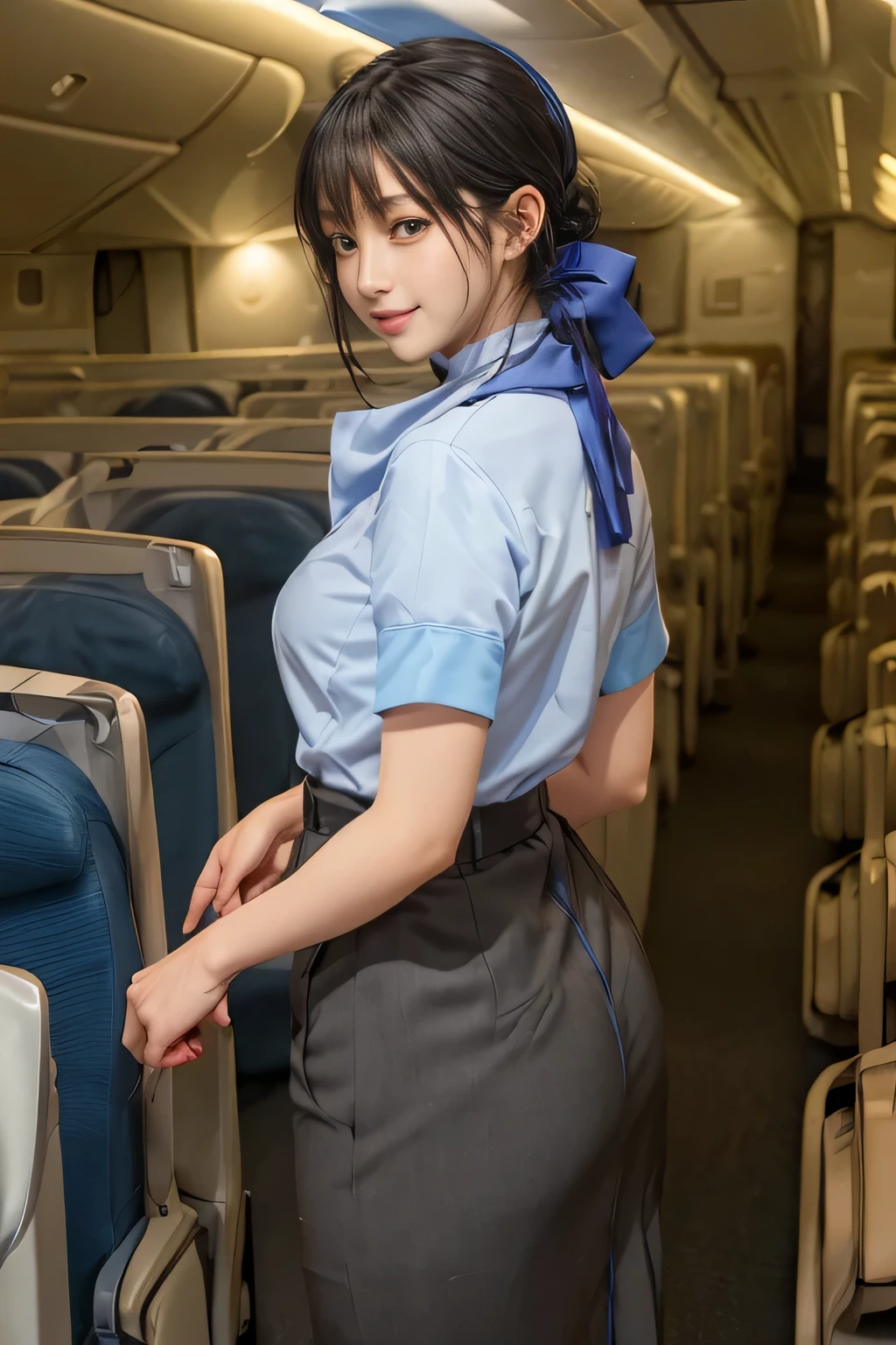 (masterpiece:1.2, Best Quality:1.2), 32K HDR, High resolution, (Alone、1 girl)、（On the roof of a building during the day、Professional Lighting）、Building rooftop background、（ANA cabincrew uniform blueを着たリアルスタイル）、（（ANA cabincrew uniform blue short sleeve blouse 、 Skirt with blue lines、Scarf around the neck））、Dark brown hair、（Long Hair、Hair tied up、Hair tied up）、Dark brown hair、Long Shot、Big Breasts、Thin legs、（（Great hands：2.0）），（（Harmonious body proportions：1.5）），（（Normal limbs：2.0）），（（Normal finger：2.0）），（（Delicate eyes：2.0）），（（Normal eyes：2.0））)、smile、（ANA cabincrew uniform blueを見せた美しい後ろ姿）、Hands down
