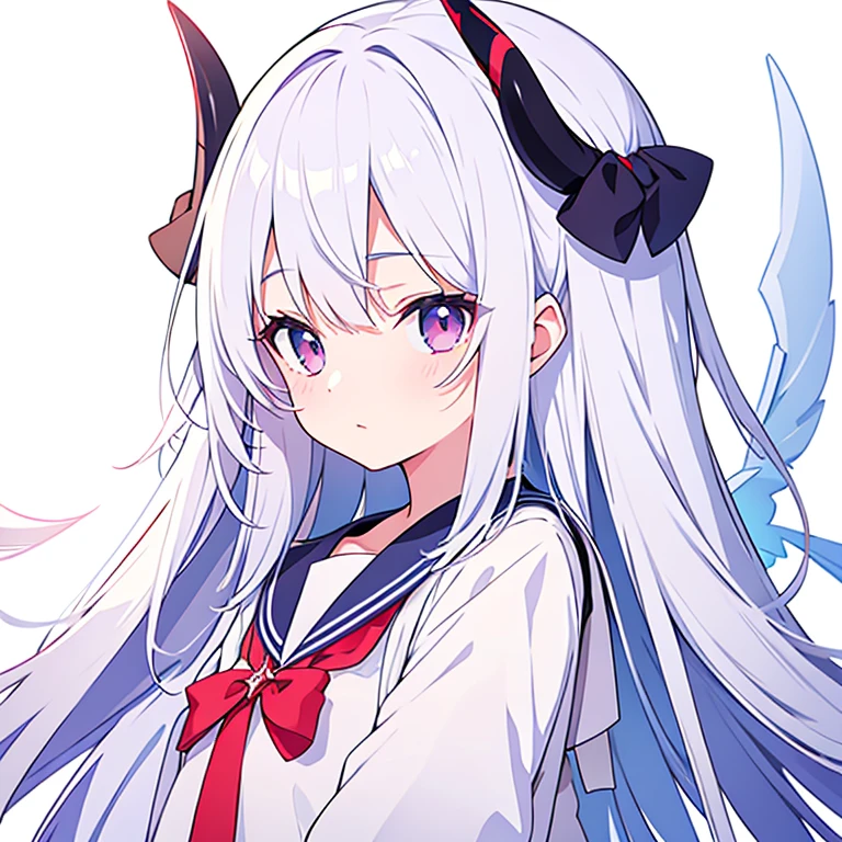 Whispering、Pure white background、devil、Long white hair、Sailor&#39;White uniform