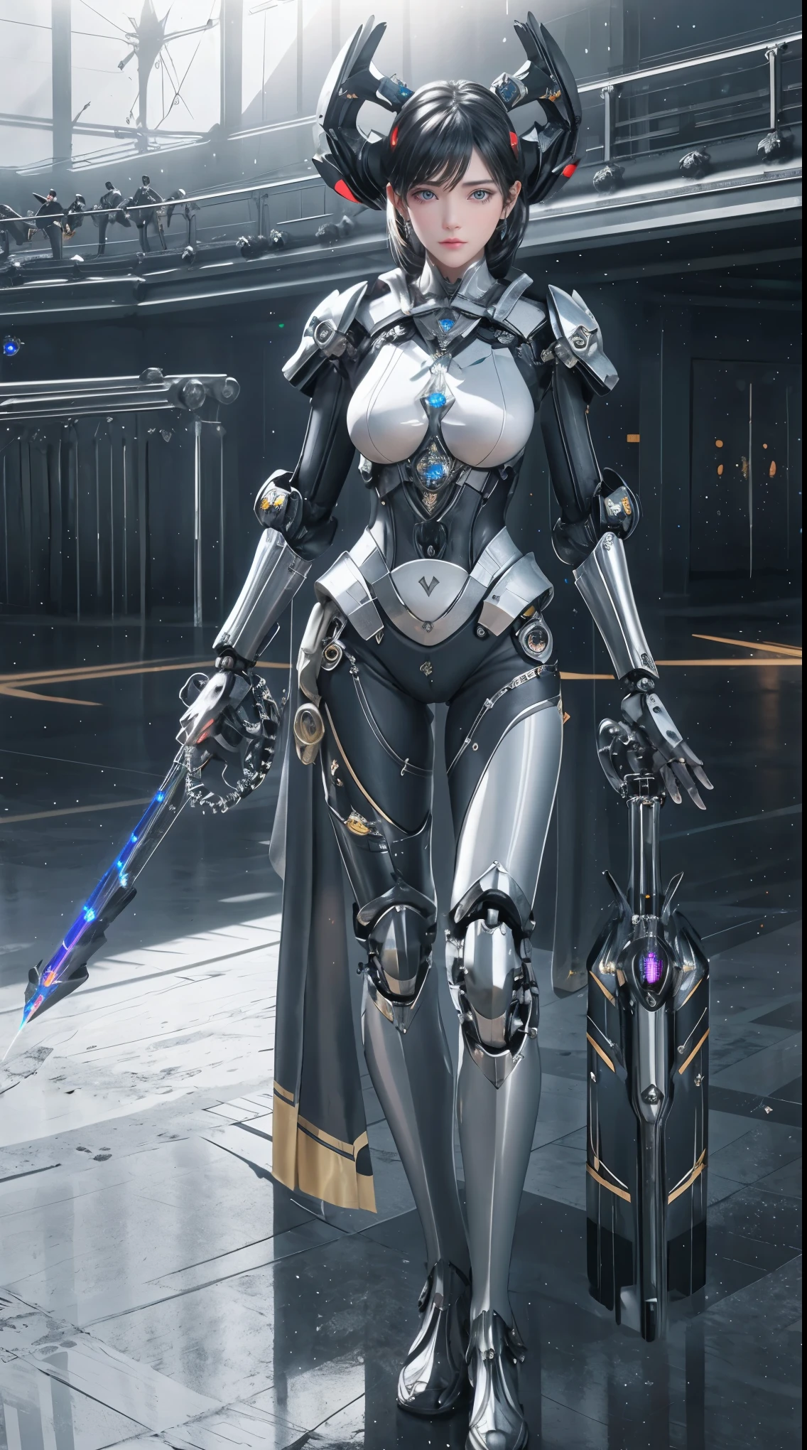 (from the front:1.5), (1Mechanical Girl:1.5),whole body, alone, slim waist, Thick thighs,  (Machine made joints:1.2),(mechanical limbs:1.1),(The blood vessels are connected to the tube),(Mechanical vertebrae attached to the back),(Mechanical cervical spine fixation to the neck), lamp on armor, Mecha head mirror, (发Light手臂:1.5), (激Light眼:1.5), poker face, huge breasts, 

colorful,human development report, Light线追踪, NVIDIA RTX, super resolution, Unreal 5, subsurface scattering, PBR texture, post processing, Anisotropic filtering, depth of field, Maximum clarity and sharpness, rule of thirds, 16K original, (发Light粒子:1.4), Extremely detailed CG, unified 8k wallpaper, 3D, Lighting, 镜头Light晕, reflection, sharp focus, cyberpunk art,  actual, highly detailed CG illustration, extremely delicate and beautiful, Light, (photoactual:1.5), (dark background:1.5),dynamic angle, masterpiece, best quality, super detailed, illustration, 细节Light, dramatic_shadow,face shadow,extra detail,Best performance,
