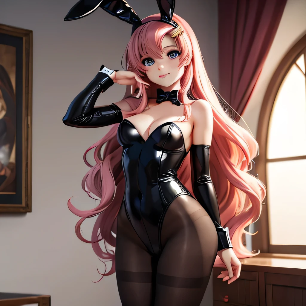 (masterpiece:1.3), (Highest quality:1.1), (8k, Super detailed), (Ultra-high resolution), (Anime Style), (Five perfect fingers), (Perfect Anatomy), One girl, long hair, Wavy Hair, Pink Hair, Purple eyes,   slim body, small Breasts, thin legs, (black playboy bunny), (black fake rabbit ears), (black pantyhose), (black high-heels), Holding tray, looking at viewer, smile, standing, Cowboy Shot,  indoors