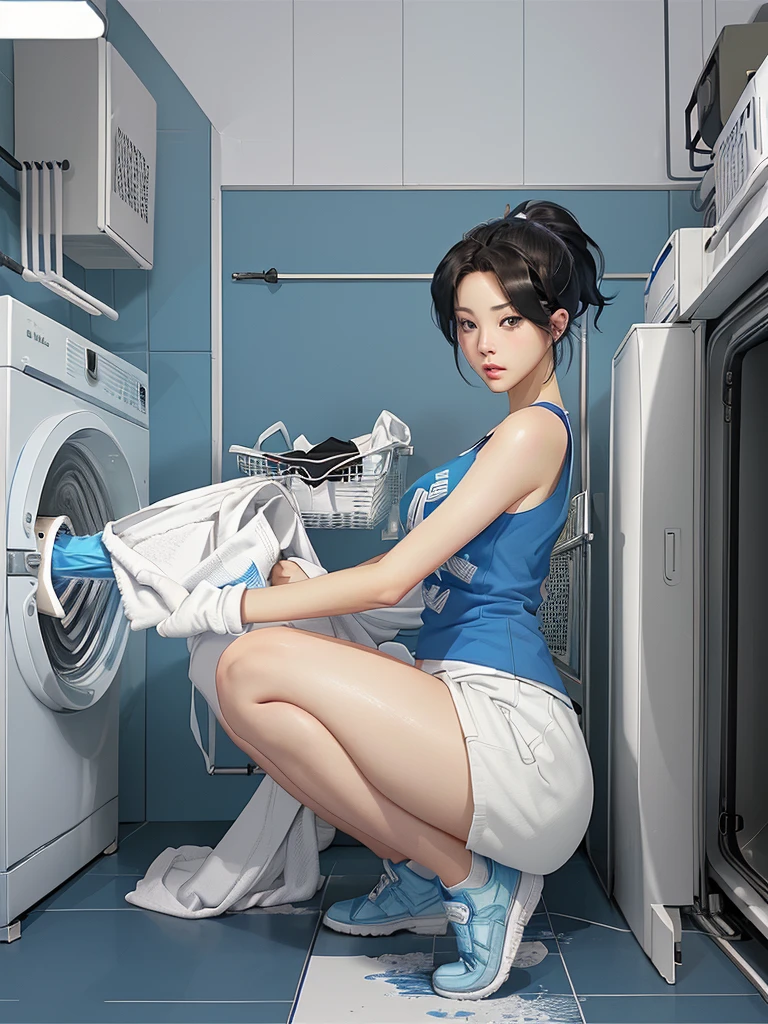 Wife wearing blue tank top and black mini pants sitting on toilet with clothes basket, (sfw) safe for work, manhwa, digital comic, digital manga art, digital manga, sitting in front of washing machine, digital anime illustration, comic digital art, by Gang Hui-an, daily life, giant art, in front of computer, on pixiv, cyber school girl