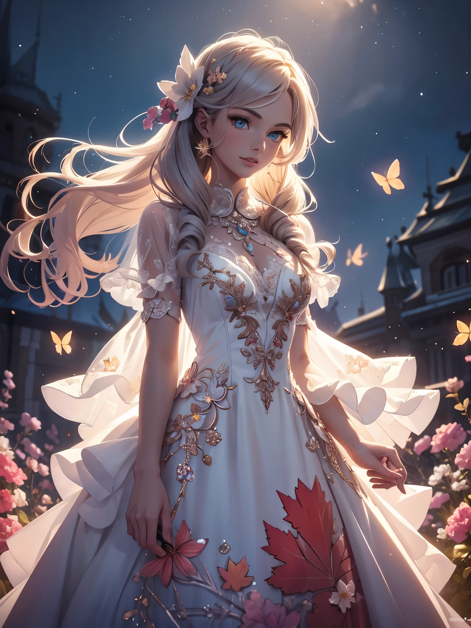 (best quality,4k,8k,highres,masterpiece:1.2),ultra-detailed,(realistic,photorealistic,photo-realistic:1.37),acrylic painting,beautiful Canadian model in a ta dress with downy hair,beautiful Canadian model with extremely colorful hair and detailed facial features,beautiful Canadian model standing in a beautiful garden surrounded by a starry sky,beautiful Canadian model wearing a vibrant ta dress,beautiful Canadian model with intricate accessories and a matching hat,beautiful Canadian model posing gracefully with her hands on her hips,beautiful Canadian model with long flowing twintails,beautiful Canadian model with bright blue eyes and rosy lips,beautiful Canadian model with a joyful expression,beautiful Canadian model in a dynamic pose with cherry blossoms falling around her,beautiful Canadian model surrounded by colorful flowers and butterflies,beautiful Canadian model's dress adorned with cute bows and lace details,beautiful Canadian model with an enchanting smile,beautiful Canadian model with soft, pastel-colored shading,beautiful Canadian model with a magical glow illuminating her,beautiful Canadian model in a picturesque setting with a winding path leading to a magnificent castle,beautiful Canadian model holding a microphone and singing passionately,beautiful Canadian model with a fairytale-like background,beautiful Canadian model with a soft, dreamy atmosphere,beautiful Canadian model with a subtle bokeh effect,beautiful Canadian model standing under a moonlit sky,beautiful Canadian model with a warm, golden sunset in the background,beautiful Canadian model surrounded by twinkling stars and colorful nebulae,creating an ethereal and captivating artistic masterpiece.