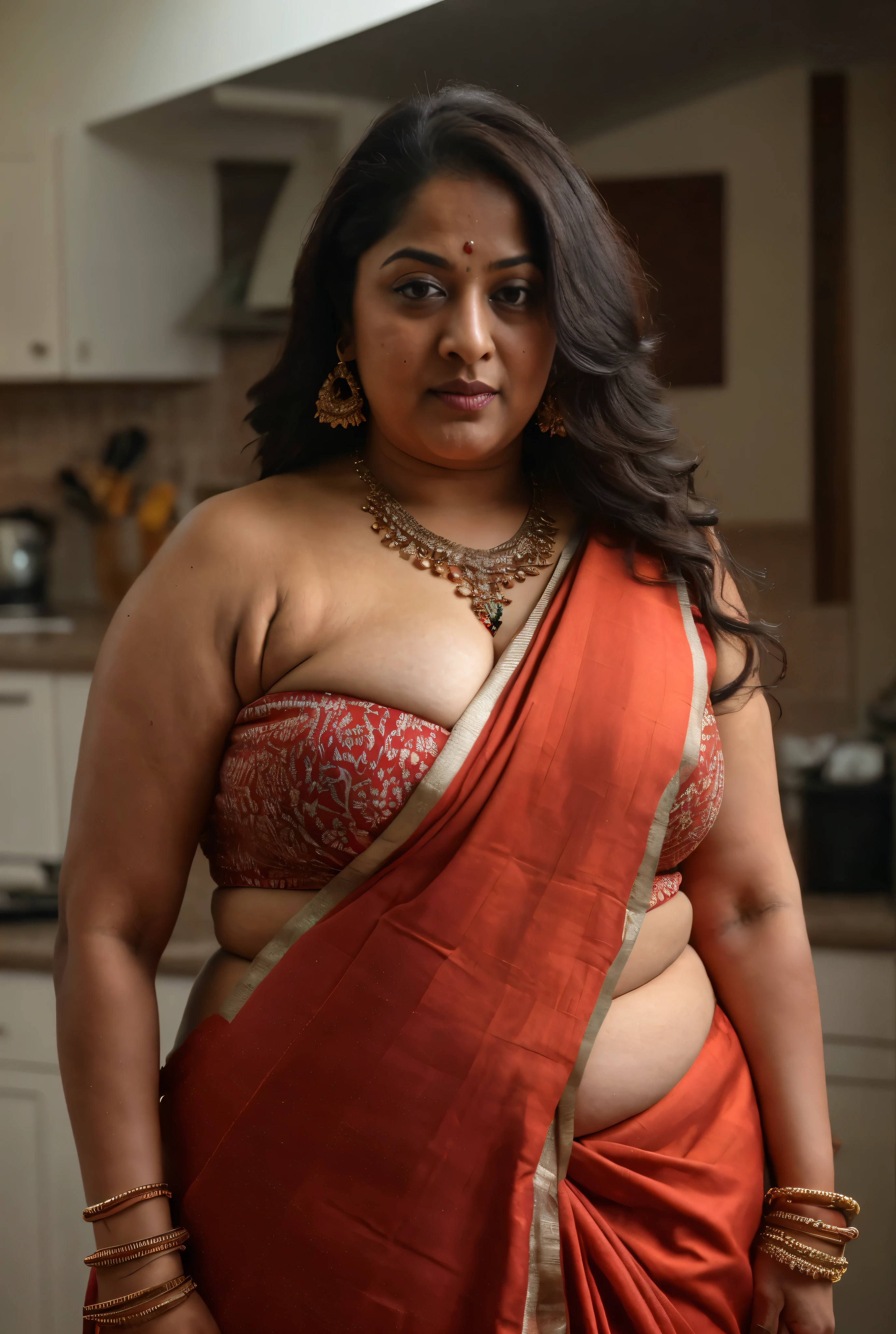 Looks like Sandeepa Dhar, a photo portrait of a beautiful girl 70 years old Woman, padosan aunty, aunti ji, mature aunty, mature beauty, maternal curve, curvy mommy, Sexy milf, eye kajal, curvy hot mommy figure, fleshy figure, thick arms, feminine curve, deep BLACK lips, ethnic traditional Indian strapless Bra, stanapatta, saree without blouse, with curls, styled black hair, (face portrait:1.5), dramatic light, Rembrandt lighting scheme, bust shot, linen tank top, top quality editorial photograph, skin texture, skin pores, chocolate skin, high quality skin, top quality photography, professional photography, professional retouching, insane detailing, warm moody tones, modern clothes, highly detailed armpits, skin pores, visible veins, skin texture, freckles 0.1, juicy thick belly, bulky fleshy figure, sexy mature maternal curve, sexy thick navel folds, detailed stubble armpits, insanely detailed skin texture, jiggly belly, very busy doing house chores, in the kitchen room, very busy in kitchen work, thick juicy mature Deep navel,