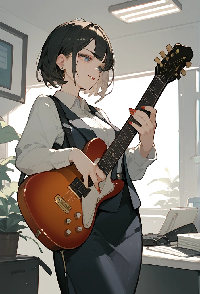 A girl in an office suit holding a guitar in one hand
