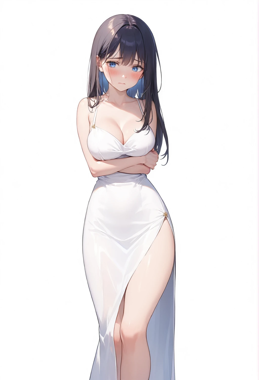 (1 girl),(Solo),((blue eyes)),((embarrassed)), ((blush)),((white background)),bare legs , white dress,sideways glance, breasts squeezed together, ((perfect lighting)),perfect detailed eyes