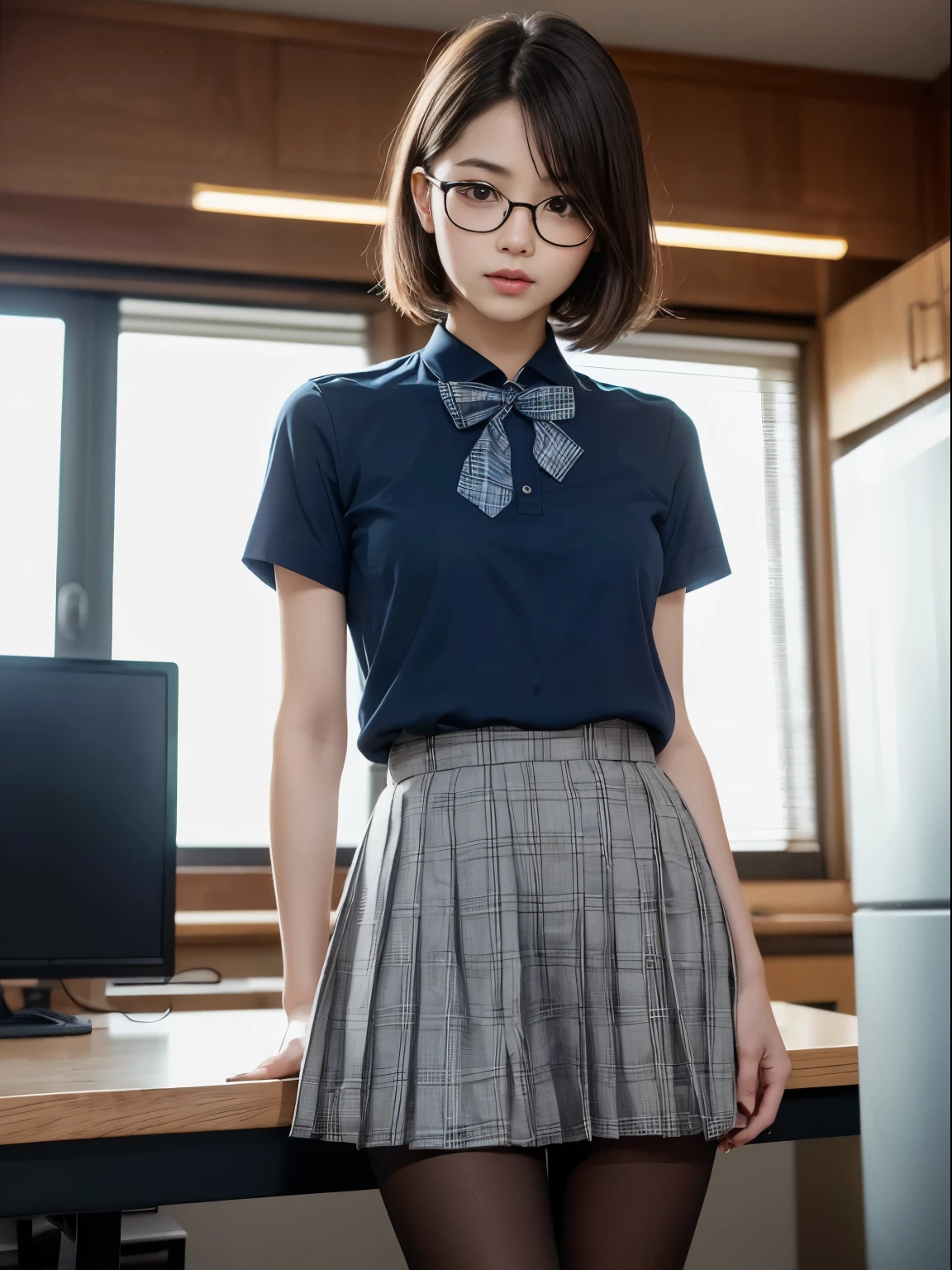 （8k、RAW photography、highest quality、masterpiece：1.2),(bob cut),Cheeky,School,looking at the viewer,Looking at the front,Muchimuchi,erotic,student,Light green Bra,Bra showing through shirt,white skin,knees,,(((black pantyhose)),((black pantyhose)))(((black pantyhose)),((black pantyhose))),absurd,small face,,flat chest,前hairを真ん中から分けます、I can see the forehead,(cold look,きついeye,glare,strong,skinny,skinny,get annoyed)、masterpiece,highest quality、超A high resolution,RAW photo,Len,beautiful feces,one person, solo,glasses,,dark look,small breasts,whole body,丸glasses、cute,JK uniform,high school girl,japanese woman,standing,（Photoreal：1.37）、photon mapping,realistic、beautiful woman,cutesmall face,茶色のeye、black socks、(red bow tie)、radio city、物理ベースのLenダリング、Depth of the bounds written、blurred background、picture,body,teenage girl,beautiful feet, long legs, thin legs,(前hairが見える), hair, lips, green_eye, nose soft,(light blue shirt), (Navy, blue and white plaid pleated skirt), kneesが見える,thin clothing,, thigh, black cotton socks,Nogizaka Idol, actress, Japanese ID information
