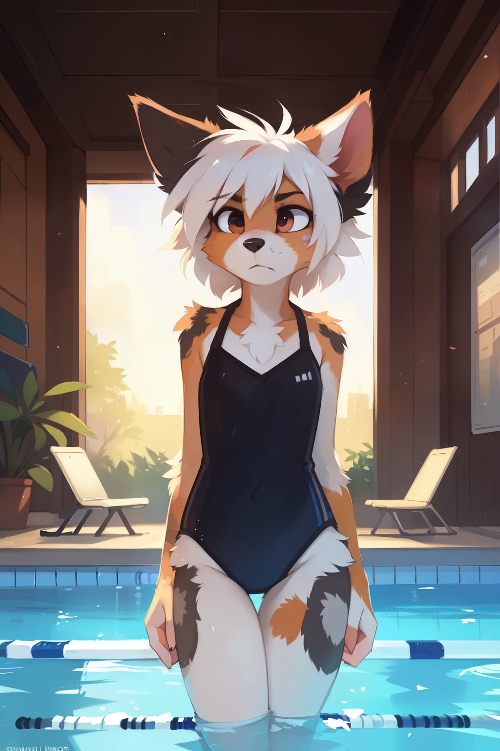 High quality, 8K, by kenket, ((by swaybat, by reysi, by Hioshiru)), Furry, Anthro, solo, ((australian shepard)), ((female)), (slender), ((young)), ((fluffy tail)), floppy ears, ears down, short white hair, small breasts, short, chest fluff, ribs, one piece swimsuit, smug, sneer, erotic, indoor school swimming pool
