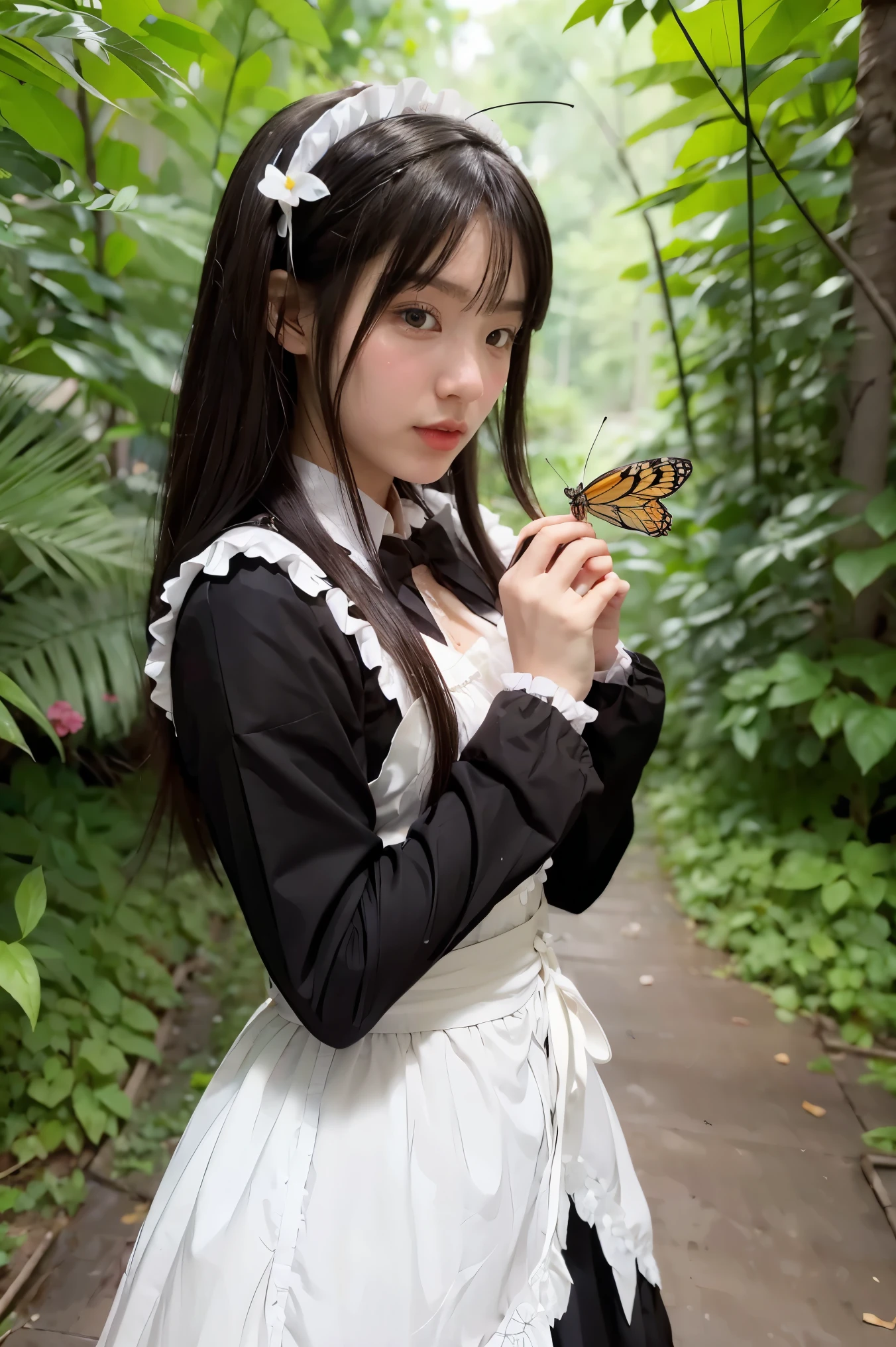 a girl with a butterfly in her hand and a butterfly in her hand, by Jin Homura, inspired by Munakata Shikō, inspired by Jin Homura, delicate androgynous prince, romanticism lain, hijikata toushirou, black - haired mage, a maid in a magical forest, anime moe artstyle, madoka kaname