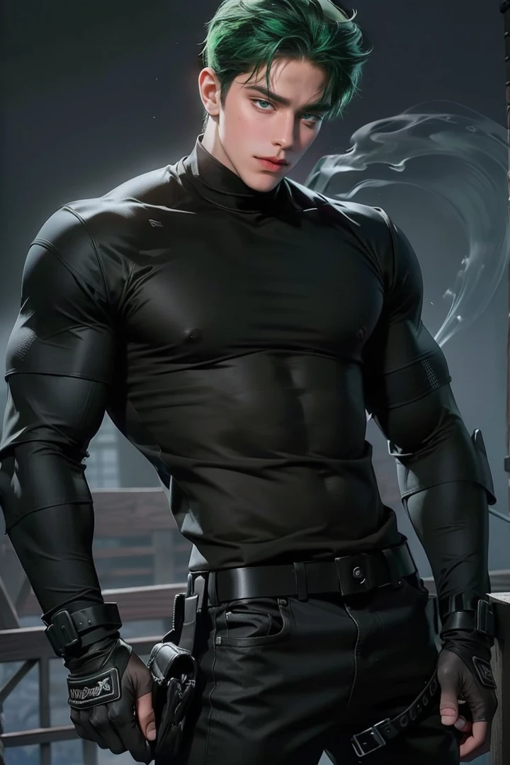 (High res, best quality, masterpiece) adult male, (solo male) harsh lighting 4k, dramatic lighting 4k, full body, athletic build, muscular, rugged look, serious expression, short black hair, brown eyes, (detailed eyes), face: blood stain, (holding, guns: pistols), gripping_handle, (detailed hands), bulletproof vest, ((white skull_chest)), ((gloves: black)), shirt: black, graphic T: skull, boots: brown, ((exposed penis)), chiseled abs, bare ass
