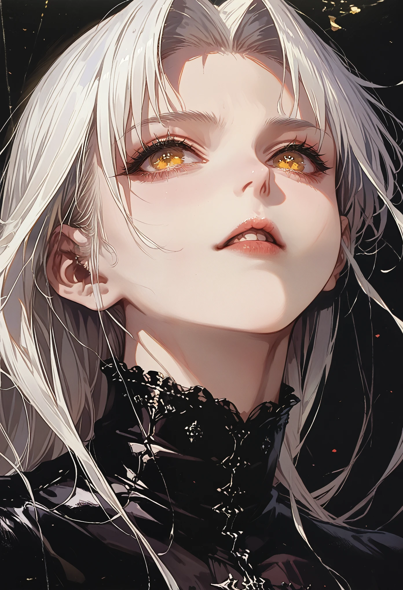 anime White Haired Girl and yellow eyes looking at something, Detailed portrait of an anime girl,See the whole face , See the whole head, full head,Colorful cartoon art images, Clean Anime Image Details, Color Manga Panel, Anime girl images, Color spread, White Haired Girl, perfect white haired girl, Full color manga style, Anime digital art details, Detailed overview of major anime art, Full color illustration