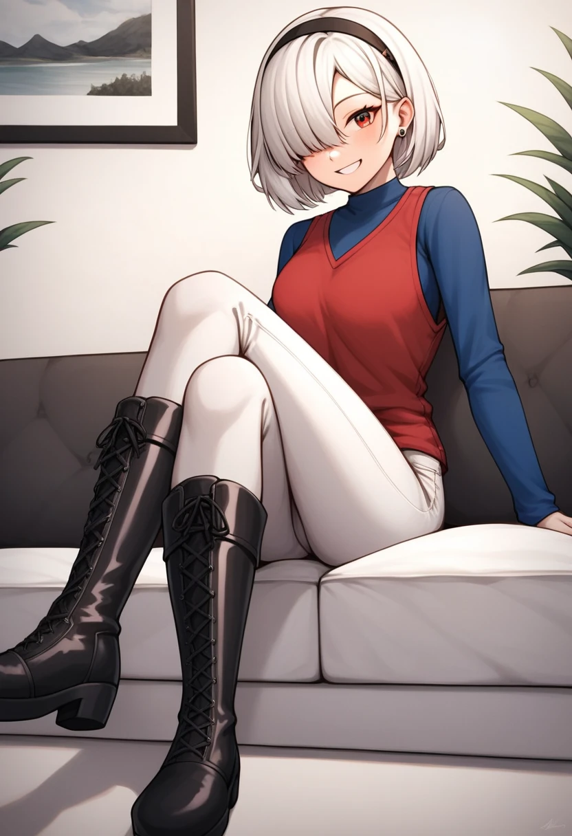 girl sitting on the floor , first person view, beautiful, masterpiece, smooth texture, evil smile, beautiful, (open legs), ((spread legs))