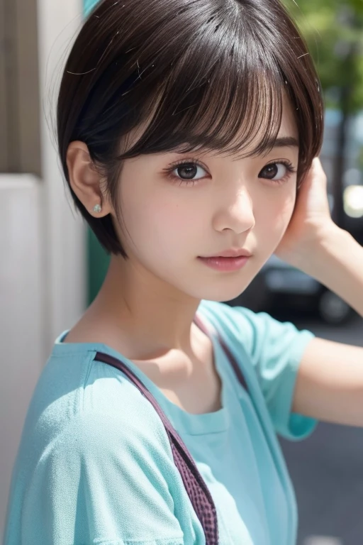 (Beautiful 14 year old Japanese female), cute face, (deeply carved face:0.7), (freckles:0.6), soft light,healthy white skin, shy, bob, (serious face), (sparkling eyes), thin