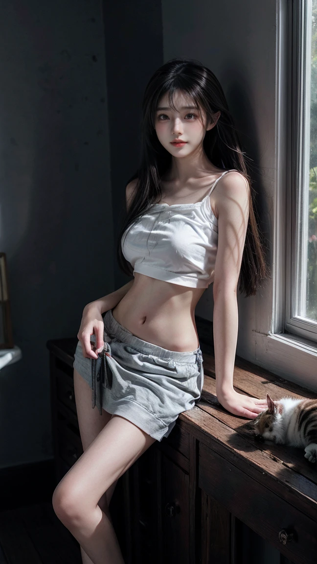 (nsfw:1), a beautiful girl, long platinum hair, wearing a loose, thin, see-through white shirt, unbuttoned. Extremely wonderful body, big breasts, slim waist, big butt, white skin. The girl sits on a wooden chair, holding a cat. The scene is a bedroom, with many bookshelves, dark. The girl sits opposite the window, with white curtains, the curtains flutter in the wind from the window, realistic light from the window shines in. The photo is extremely realistic, high quality. Full body shot, side view, the girl looks at the cat, smiling slightly.