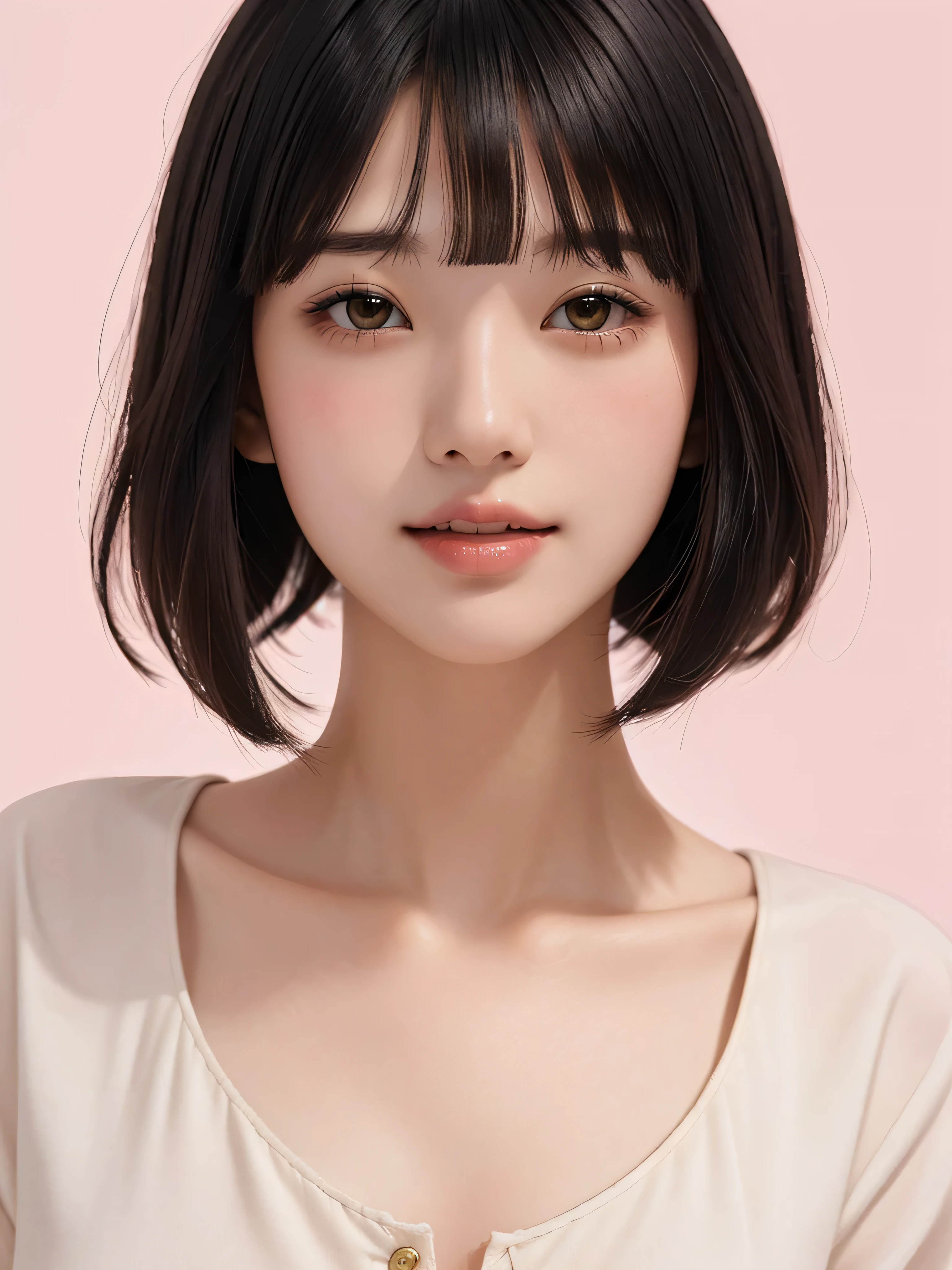 Oval bob hair、Japanese、One girl, High resolution, bangs, Open your mouth a little to see your front teeth、blush one&#39;s cheeks、Organza see-through outfit、Light makeup、Droopy eyes、Thin, light-colored eyebrows、Eyebrows, eyes, mouth and nose are 2cm above、Narrow face and pointed chin、Neck is normal length、Put the side hair behind the left ear、Toes、Plump lower body、Nipples protruding、Show your belly、Thin pink curtains flutter at the window、Large facial contours