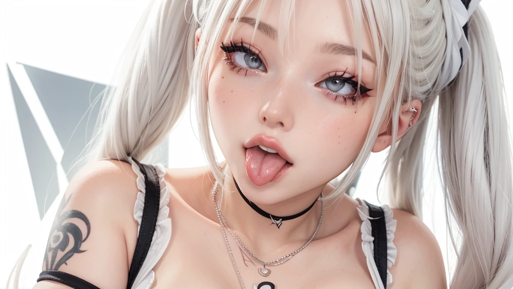 Cool women、sexy、Center of chest、Rize from Chainsaw Man、beauty、Yandere、、Face close-up、Kiss with your eyes closed、Chest tattoo、Christian Dior Necklace、(Background white)、(Twin tails)、
