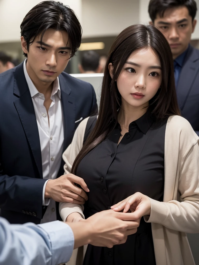 A woman leans against the bank counter:1.9、The three men asian man in shirt:1.9、Being threatened by a asian villain:1.5、A man grabs a woman&#39;s breasts:1.9、SFW:1.9、A woman is stripped of her body by a man、Real:1.9、photograph quality:1.9、photograph:1.5、Big Breasts、 Thin Japanese woman, undressing nude body, 20 year old beauty、 Very beautiful idol face、Very Large Breasts, Large Breasts, naked, undressing nude body, Shapely, large bust、 wearing white hijab,bangs,、asian Guys:1.7、The men are taller:1.9、The woman&#39;s face is troubled and twitches.、wet body、The location is a bank、Bank robbery crime scene、  Several men grab her breasts、 Someone grabs her body, Very detailed, 1 girl, Multiple hands、 Pulling on clothes, Grab clothes, (There are no women in the crowd), Full body image、The man is asian.、A man threatens a woman with a gun:1.5、