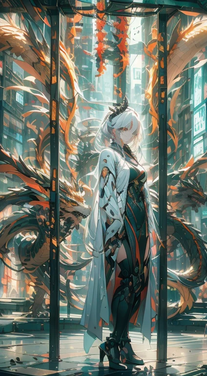 （（A futuristic））， （（Myth））， （（fanciful）），Machinary，1girll， modern city setting， Girl with white hair with avant-garde costume， Surrounded by mechanical Asian dragons， （neonlight：1.2）， （cybernetically enhanced：1.1）， （Ethereal dragon scales：1.1）， （action-packed scene：1.2）， （cinematic compositions：1.1）， Mixed-media artwork， 8K resolution