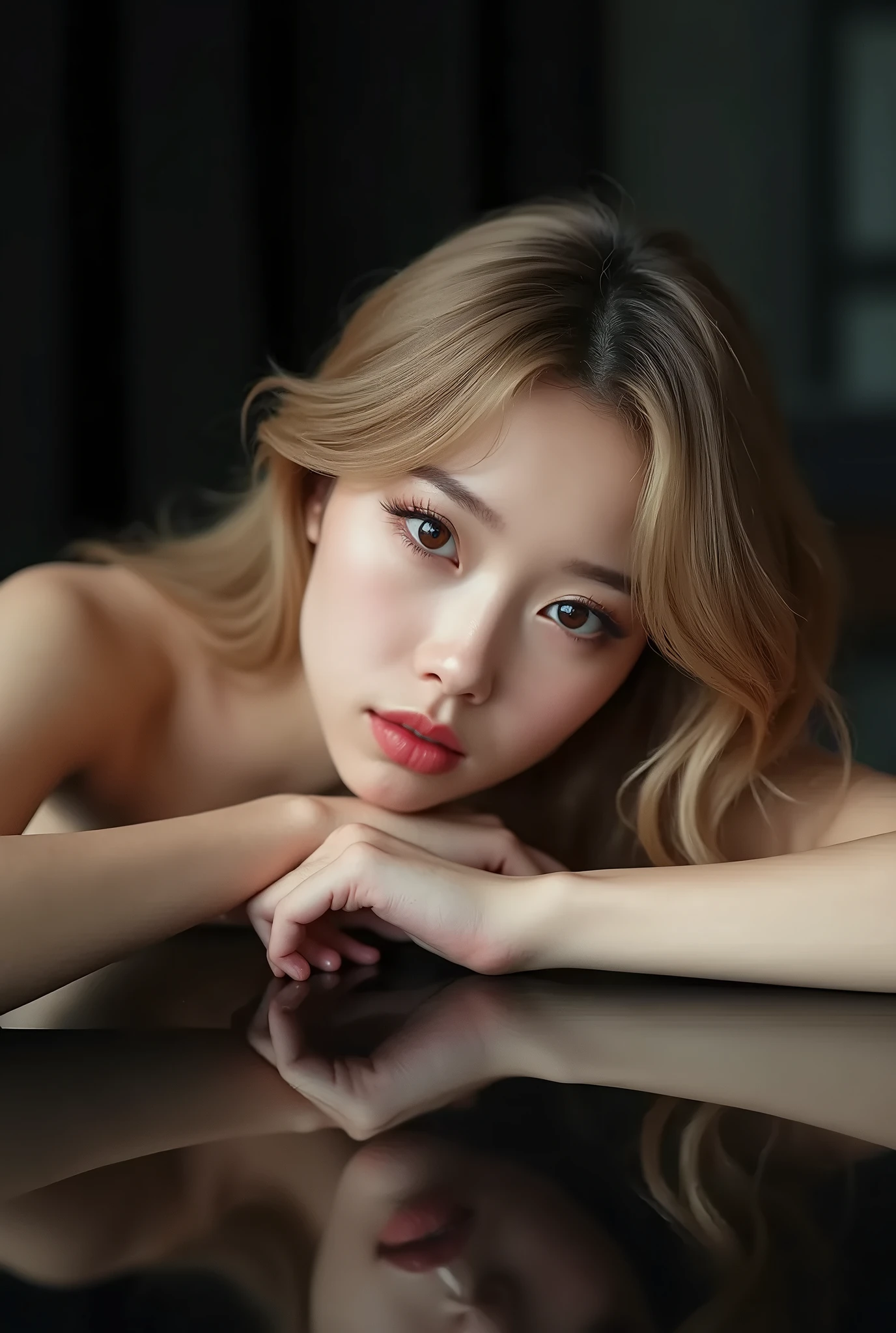 A very close up photo, potrait of a beautiful Korean girl, kpop idol, lie down on mirror floor with reflection of her body, elbows bent, one hand supporting cheeks, very detailed, detailed beautiful brown eyes, detailed sexy moist lips, detailed blon long wavy hair, sexy body, medium breasts, looking to the viewer with pleading eyes, isolated on black background, (portrait photo), wearing no clothes, dynamic lighting