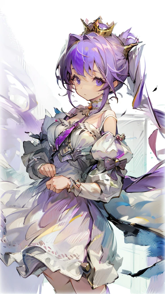 Girl purple hair ponytail, Little princess crown,White Dress ,Primavera