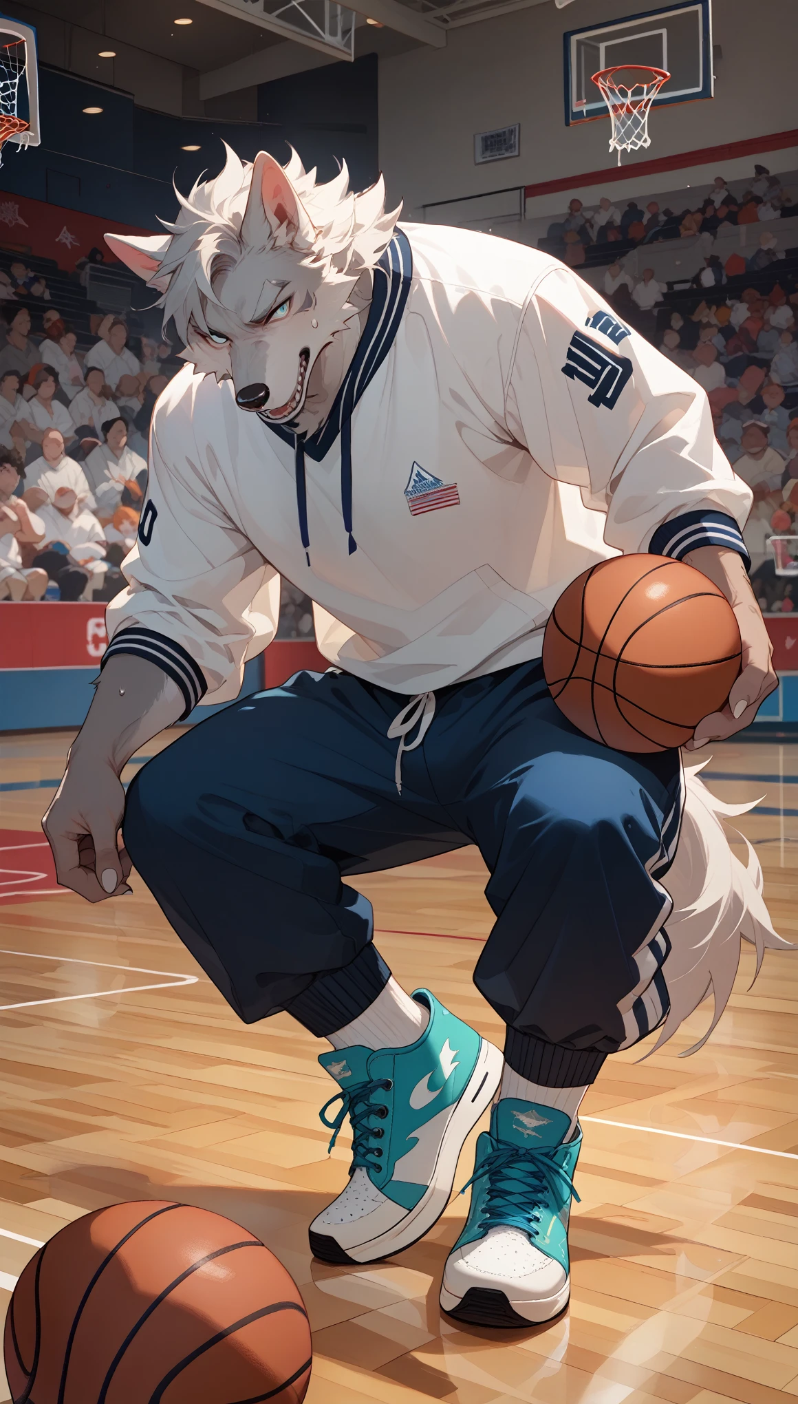 Anime style illustration of a white furry wolf,With hands and feet, Wearing white sweatshirt, Dark blue sweatpants, and turquoise Converse sneakers. The wolf is on the school basketball court,Doing basketball shooting。