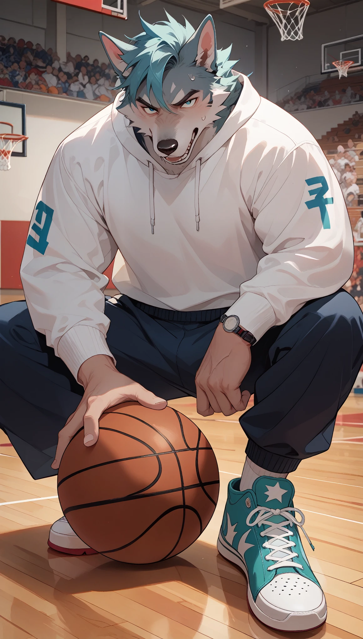 Anime style illustration of a white furry wolf,With hands and feet, Wearing white sweatshirt, Dark blue sweatpants, and turquoise Converse sneakers. The wolf is on the school basketball court，Doing basketball shooting。