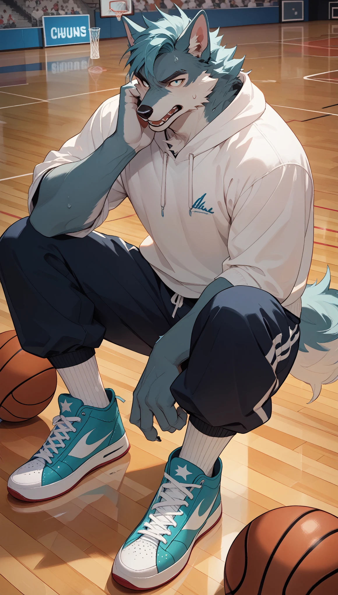Anime style illustration of a white furry wolf,With hands and feet, Wearing white sweatshirt, Dark blue sweatpants, and turquoise Converse sneakers. The wolf is on the school basketball court,Doing basketball shooting。