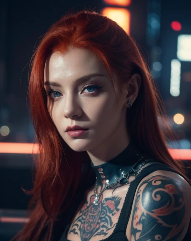 a beautiful ginger-haired woman with tattoos posing for a photo in black clothes and hot top, seductive cyberpunk dark fantasy, red-haired female cyberpunk, in the style of Anne Stokes, portrait shot, detailed facial features, piercing eyes, intricate tattoos, dramatic lighting, neon cyberpunk city background, futuristic cityscape, moody colors, cinematic composition, photorealistic, (best quality,4k,8k,highres,masterpiece:1.2),ultra-detailed,(realistic,photorealistic,photo-realistic:1.37),HDR,studio lighting,extreme detail description,vivid colors,bokeh