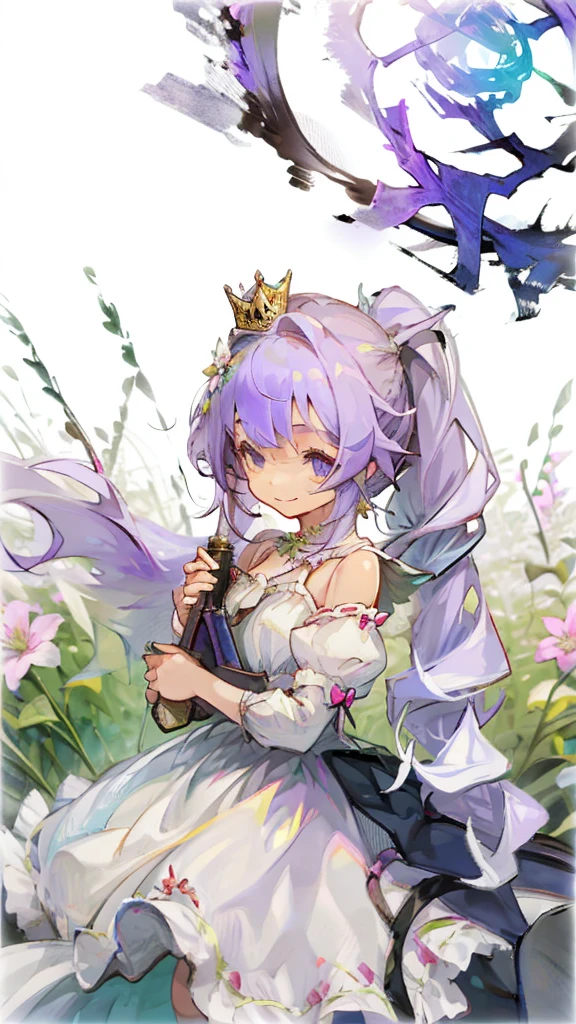 Smiling girl with light purple hair and a ponytail, Little princess crown,White Dress ,Flower Field