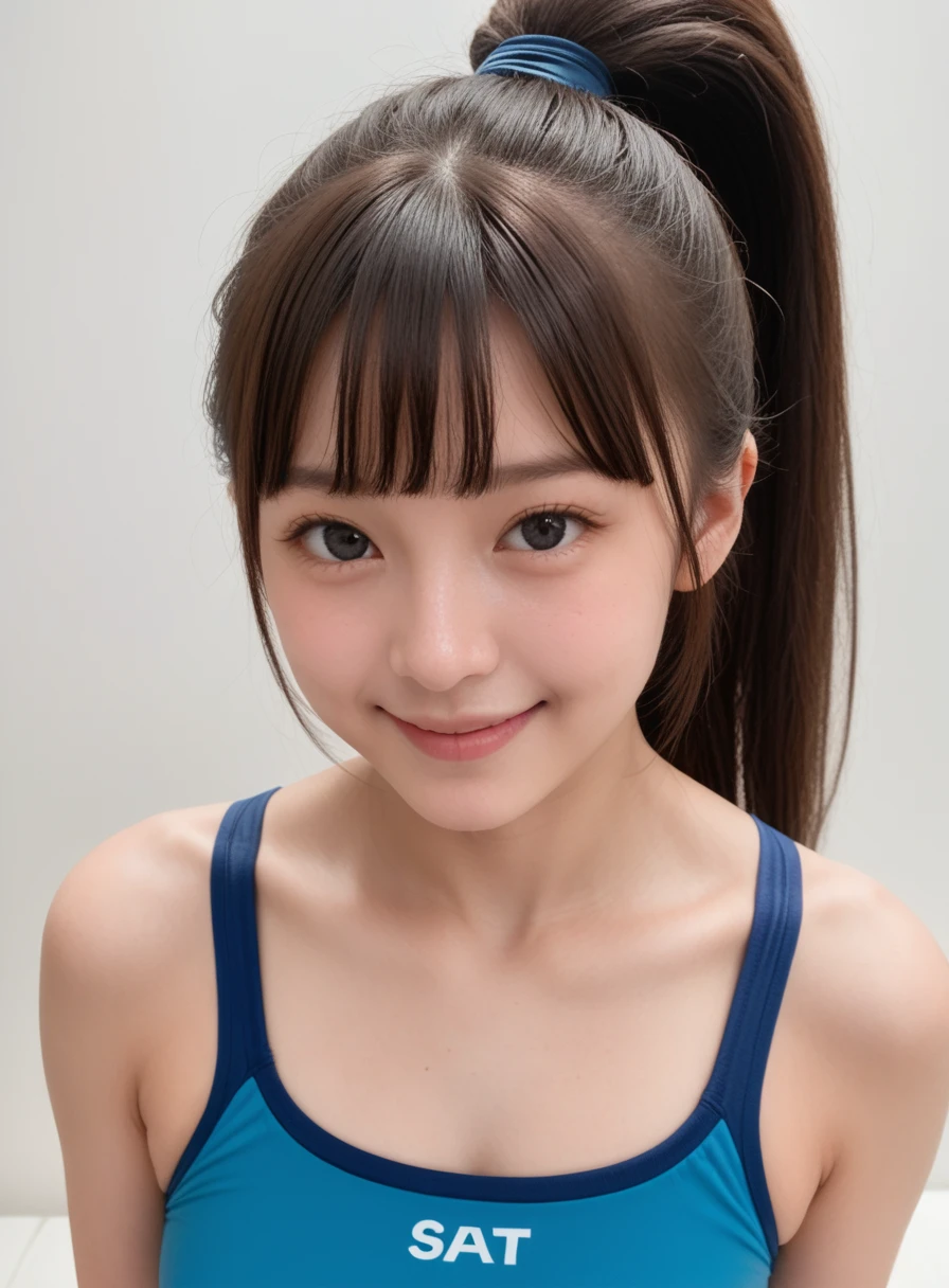 Prompt: score_9, score_8_up, score_7_up, realistic, photo, detailed face and eyes, detailed skin, (cute:1.1), BREAK
masochist smile:1.3, (1girl, solo:1.3), (Taken from above),
18yo beautiful japanese girl,
very cute, gentle expression, (big and drooping black eyes:1.3),
(straight long ponytail hair:1.3), Blunt bangs,
slender, thin figure, thin legs, big-breasts,
(school swim suit), erect nipples,
looking at viewer, eye contact, seductive look, feminine face, smug, temptation,
(sway hips:1.3),
(simple Backgrounds that is backlit),